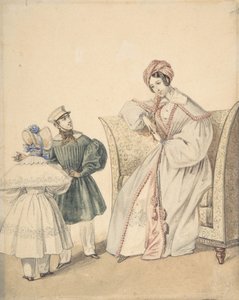 Bir Erkek ve Kız ile Sandalyede Oturan Bir Kadınla Moda Çizimi, 19. yüzyıl. by Numa Bassaget