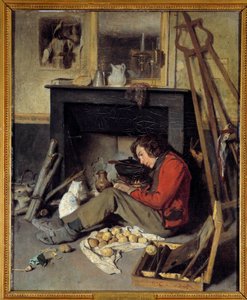 Atölye içi Şöminesinin yanında bir ressam. Octave Tassaert (1800-1874) 1845 Güneş tarafından boyama. 0,46x0,38 m