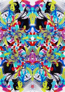 Zen Mürekkep Mavi Kırmızı Sarı Çiçek Desenli, 2023 (kağıt üzeri akrilik, dijital) by Odilia W. Y. Fu