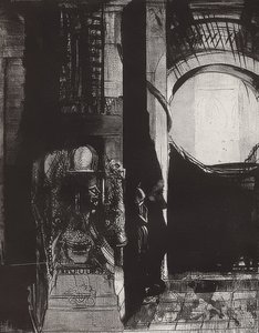 Ve her yerde bazalt sütunlar var mı? Kasalardan ışık düşüyor, Blatt 3 der Folge La Tentation de Saint-Antoine. 1896 by Odilon Redon