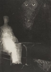 Sandalyeye Bakmaya Devam Ettim ve Üzerinde Bir İnsan Figürünün Soluk Mavi Buğulu Bir Anahattını Gördüğümü Hayal Ettim, plaka 1/6 by Odilon Redon