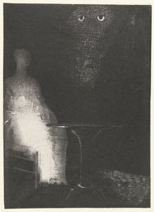Bir insan figürünün belirsiz şekillerine yukarıdan bakıyorum. by Odilon Redon