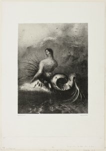 Siren Dalgalardan Çıkıyor, Alevler İçinde Giyinmiş, "Les Origines"den 4/8 plaka by Odilon Redon