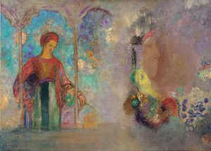 Gotik bir atari salonundaki kadın - Çiçekli kadın - Peinture de Odilon Redon(1840-1916) by Odilon Redon