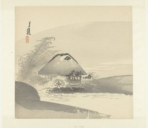 Su çarkı olan bir evin olduğu nehir manzarası by Ogata Gekko