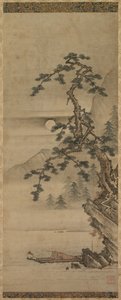 Teknede Yaşlı Adam ile Çam Ağacının Mehtaplı Manzarası, Muromachi dönemi, 1392-1573. by Oguri Sotan