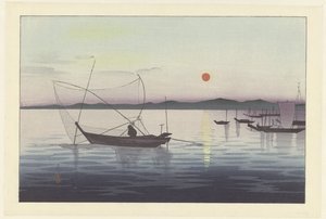 Tekneler ve batan güneş. by Ohara Koson