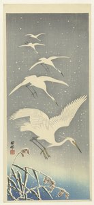 Karda azalan ak balıkçıllar by Ohara Koson