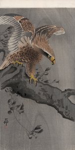 Ağaç Gövdesinde Kanatlı Kartal (renkli tahta baskı) by Ohara Koson