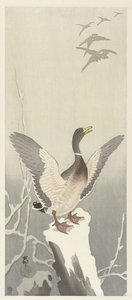 Karlı ağaç kütüğü üzerinde ördek by Ohara Koson