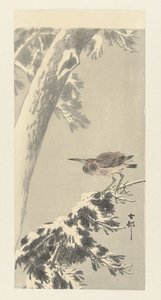 Karlı ağaç dalı üzerinde Hint gece balıkçılı by Ohara Koson