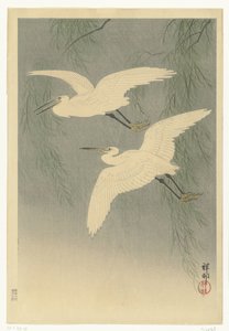 Küçük ak balıkçıllar uçuşta by Ohara Koson