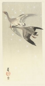 Karda uçan beyaz önlü kazlar by Ohara Koson