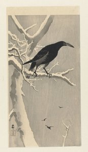 Karlı ağaç dalı üzerinde karga. by Ohara Koson