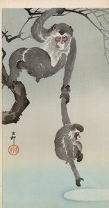 Maymun ve bebek ayın yansımasına uzanıyor by Ohara Koson