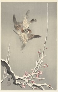 Serçeler ve karlı erik ağacı by Ohara Koson