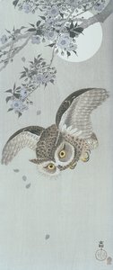 Çiçek ve dolunay ile uçuşta kepçe baykuş (renkli tahta baskı) by Ohara Koson