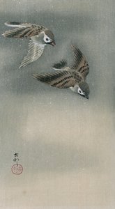 Uçan serçeler (renkli tahta baskı) by Ohara Koson