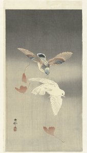Düşen ginkgo yaprakları ile iki güvercin by Ohara Koson