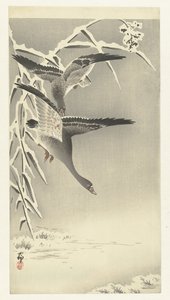 Karlı bir manzarada iki beyaz önlü kaz by Ohara Koson