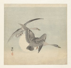 Uçuşta iki beyaz önlü kaz by Ohara Koson