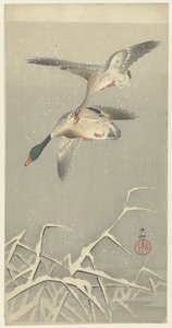 Uçuşta iki yaban ördeği by Ohara Koson