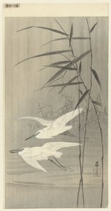 Uçuşta iki ak balıkçıl by Ohara Koson