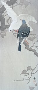 Bir Ginko ağacının dalında yağmurda iki güvercin by Ohara Koson