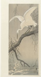 Ağaç dalı üzerinde beyaz balıkçıl by Ohara Koson