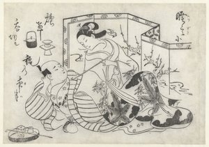 Katlanır paravan önünde sigara içen Japon erkek ve kadın by Okumura Masanobu (attributed to)