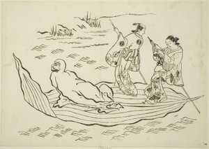 Daruma denizi bir yaprak üzerinde geçiyor, hayır. 12 baskılık bir diziden 7 by Okumura Masanobu