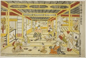 Moda Yedi İyi Şans Tanrısının Orijinal Perspektif Resmi (Furyu shichi fukujin uki-e kongen) by Okumura Masanobu
