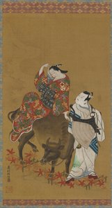 Bir manda üzerinde bir fahişe ve seyahat eden bir rahip rollerinde iki kabuki oyuncusu, 1686-1764. by Okumura Masanobu