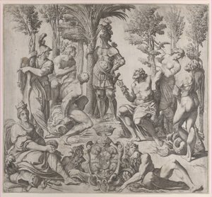 Zırhlı bir figürün etrafında toplanmış altı Olimpiyat tanrısı ile alegorik kompozisyon, 1615-35., 1615-35. by Oliviero Gatti