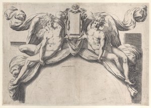 Bir kartuşu veya kalkanı destekleyen iki melek, 1568-77., 1568-77. by Orazio de Sanctis