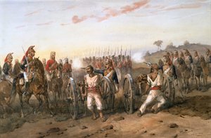 Bengal Horse Artillery tarafından silahlardan patlatılmak üzere olan isyancılar, c.1858 (kağıt üzerine suluboya)