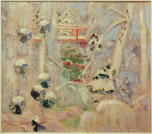 Kırmızı bir köprü ile kar manzarası by Oskar Moll