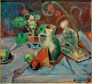 Beyaz bir sürahi, plastik, yelpaze ve portakal ile natürmort by Oskar Moll