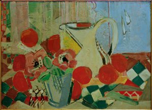 Beyaz bir sürahi ve kiremit desenli natürmort by Oskar Moll