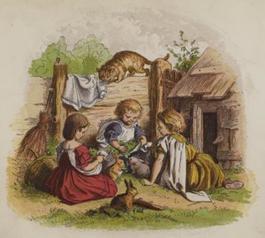 Evcil tavşanlarıyla oynayan üç kız, bir kedi tarafından izleniyor (renkli taş) by Oskar Pletsch