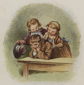 Huysuz bir çocuğu neşelendirmeye çalışan iki küçük kız (renkli taş) by Oskar Pletsch