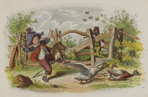 Genç çocuk hobi atıyla oynuyor ve bir grup kazı korkutuyor (renkli taş) by Oskar Pletsch