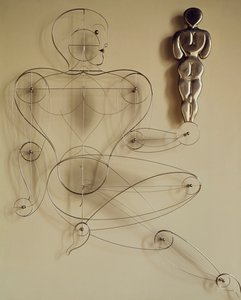 Homo, elinde dikiz figürü olan tel figür by Oskar Schlemmer