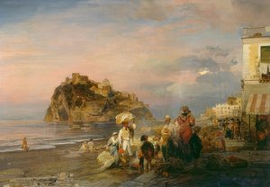 Ischia yakınlarındaki akşam plajı. 1879 by Oswald Achenbach