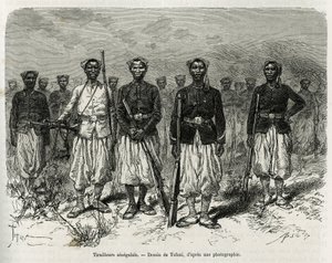 Sefer eskortunun Senegalli binicileri. Deniz Piyade Komutanı Gallieni tarafından 1880-1881