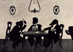 Johannes Brahms (1833-1897), Richard Strauss (1864-1949) ve Hans Richter (1843-1916) arasında iskambil oyunu, Otto Bohler'in siyah silüeti (1847-1913) by Otto Bohler