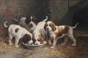 Süt içen Saint Bernard yavruları (tuval üzerine yağlı boya)