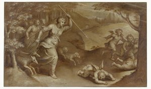 Diana, Cupid'i ve onu tuzağa düşürmeye çalışan yardımcılarını kovalar.