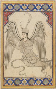 Melek, uçan, bardak ve şarap şişesi ile (Mürekkep, renkli yıkama ve kağıt üzerinde altın) by Ottoman School