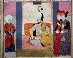 Osmanlı İmparatorluğu: “” Sultan III. Murad (1546-1595) saraylıları çevreliyor””” “Zubdat al Tawarikh”ten minyatür” (Ms. 1973, fol. 59b) Seyyd Lokman Ashuri 1583 İstanbul, Türk-İslam Sanatları Müzesi by Ottoman School